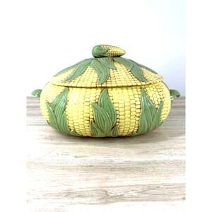 Ceramic Corn Cob Soup Tureen Serving Bowl w Lid Green Yellow‎